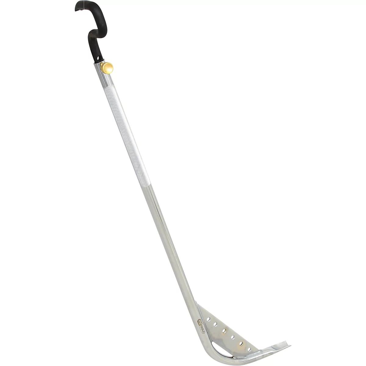 Ein silberner Schmutzlöffel. Der Griff ist schwarz, gebogen und mit einer goldenen Schraube befestigt. Der Löffel hat Löcher.